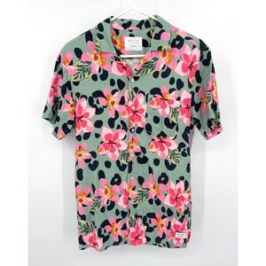 DUVIN Mens Medium Hawaiian Shirt Green Floral Print Short Sleeve Button Up